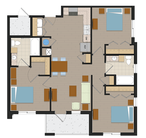 Floor plan for 3 beds, 2 baths, 1080 sqft